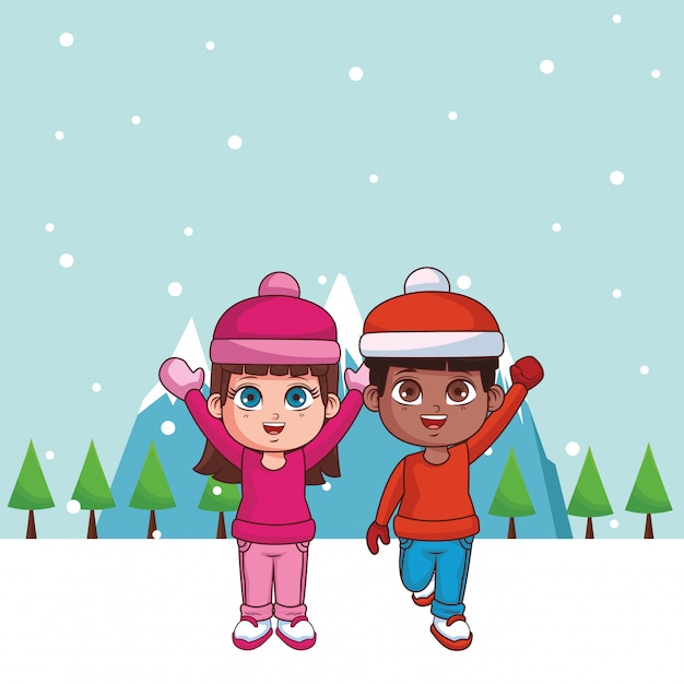 Vecteur dessin animé mignon enfants d'hiver