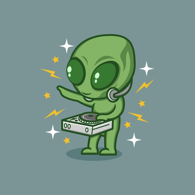 Dessin Animé Mignon Extraterrestre Jouant Dj