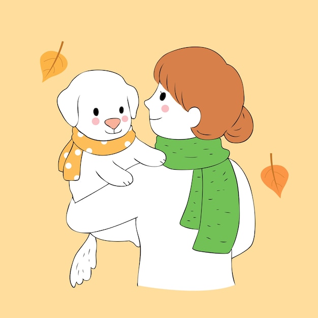 Dessin Animé Mignon Femme Câlin Chien Vecteur.