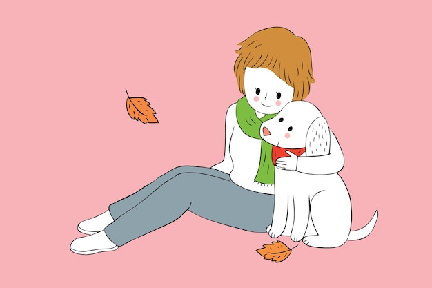 Dessin Animé Mignon Femme Câlin Chien Vecteur.