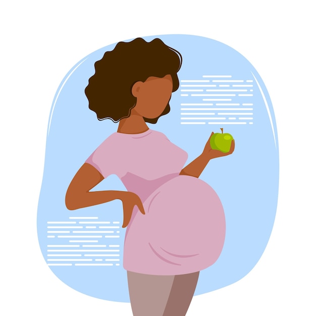 Vecteur dessin animé mignon femme enceinte à la peau foncée en pantalon et un t-shirt tient une pomme verte dans sa main