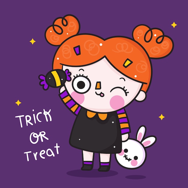 Vecteur dessin animé mignon fille halloween avec des bonbons kawaii et poupée de lapin dessinés à la main