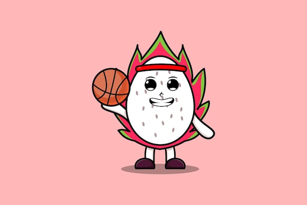 Dessin Animé Mignon Fruit Du Dragon Jouant Au Basketball