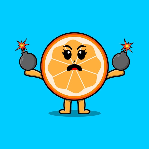 Vecteur dessin animé mignon fruit orange tenant une bombe avec une expression effrayée dans un style moderne 3d