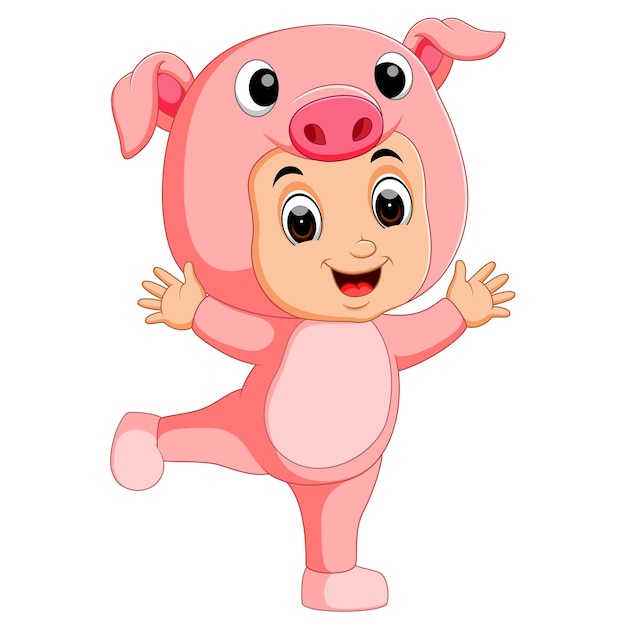 Dessin Animé Mignon Garçon Portant Le Costume De Cochon