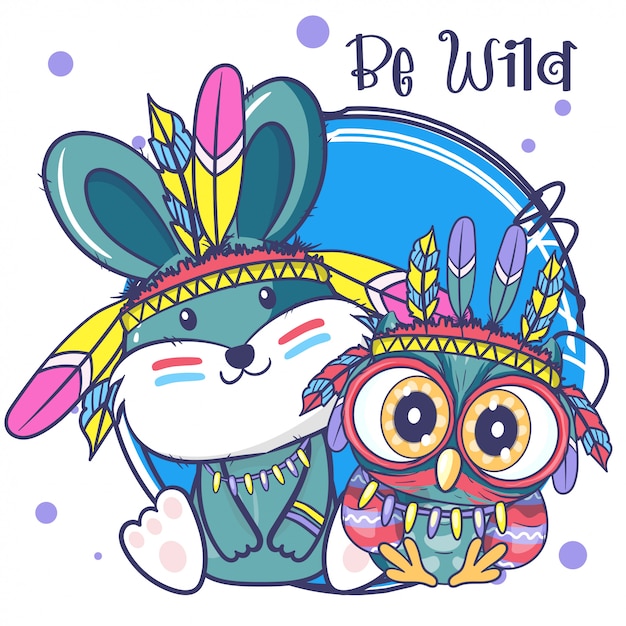 Dessin Animé Mignon Hibou Tribal Et Lapin Avec Des Plumes