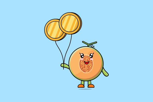 Dessin Animé Mignon Homme D'affaires Melon Flottant Avec Illustration Vectorielle De Pièce D'or Ballon Dessin Animé