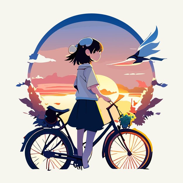 Vecteur dessin animé mignon de jeune femme faisant du vélo avec des fleurs