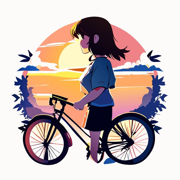 Dessin Animé Mignon De Jeune Femme Faisant Du Vélo Avec Des Fleurs