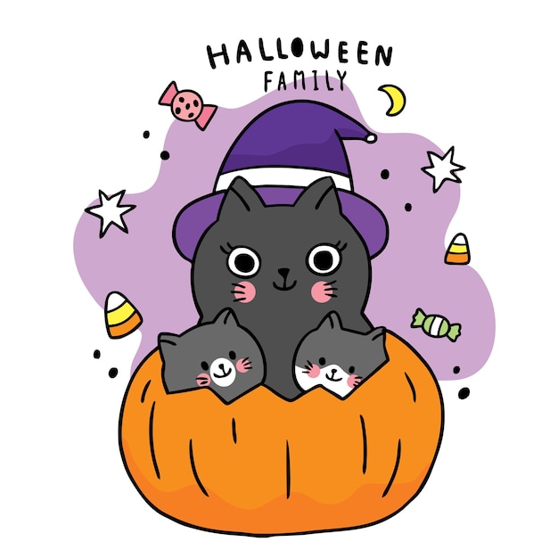 Dessin Animé Mignon Jour D'halloween, Tour De Famille De Chats Noirs Ou Régal En Grosse Citrouille