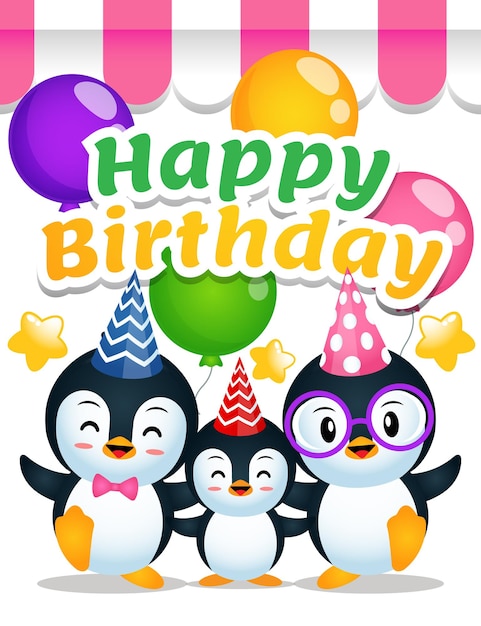 Vecteur dessin animé mignon de joyeux anniversaire de famille de pingouin