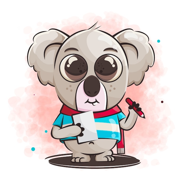 Dessin Animé Mignon Koala Avec Stylo Et Cahier