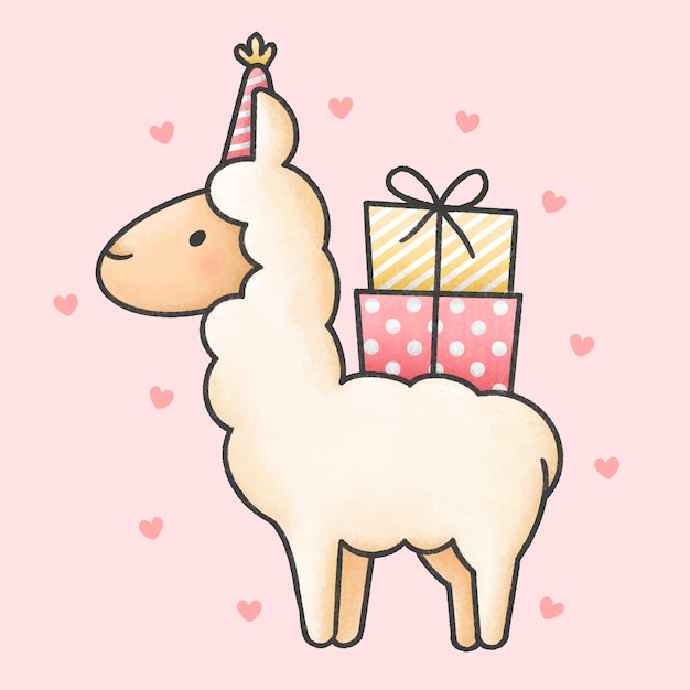 Vecteur dessin animé mignon lama et coffrets cadeaux