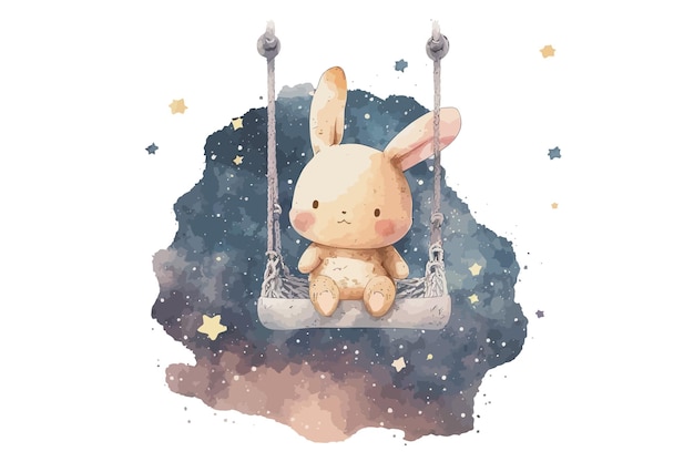 Dessin animé mignon lapin sur une balançoire sur une étoile dans un style aquarelle Illustration vectorielle isolée