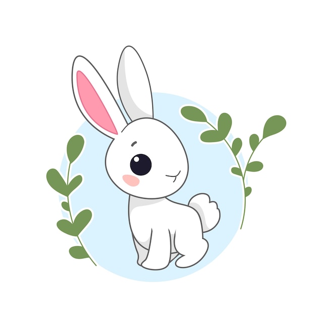 Dessin Animé Mignon Lapin De Pâques Est Assis Sur Le Fond D'un Cercle Et Des Branches Vertes Ressortent