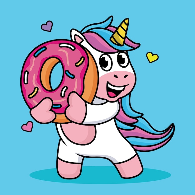 Dessin Animé Mignon De Licorne Avec Des Beignets Sucrés Et De L'amour