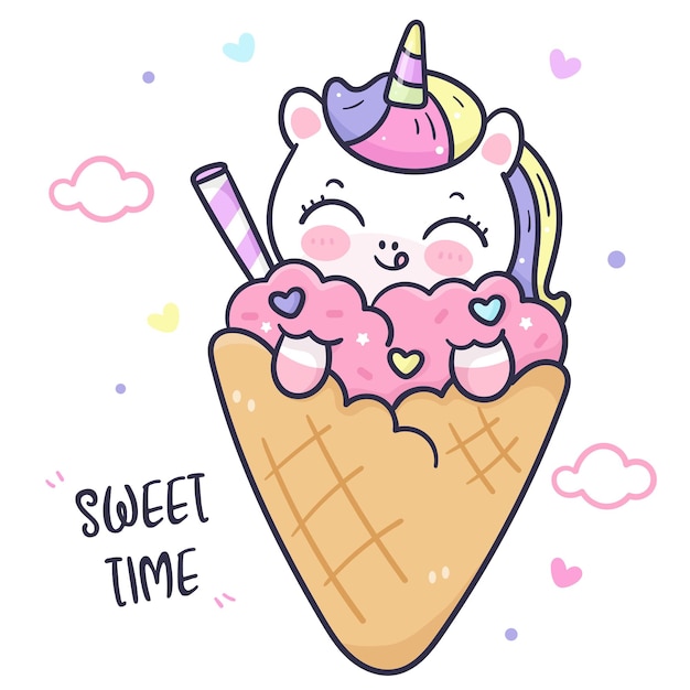 Dessin Animé Mignon Licorne Dans Un Cornet De Crème Glacée Kawaii