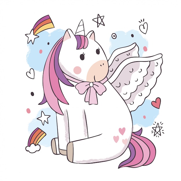 Dessin Animé Mignon Licorne Douce Et Ailes.