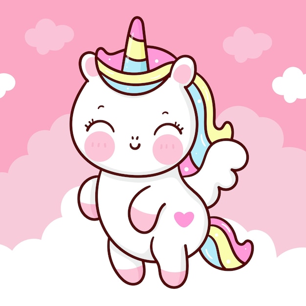 Dessin Animé Mignon Licorne Pegasus Sur Animal Kawaii Nuage Doux