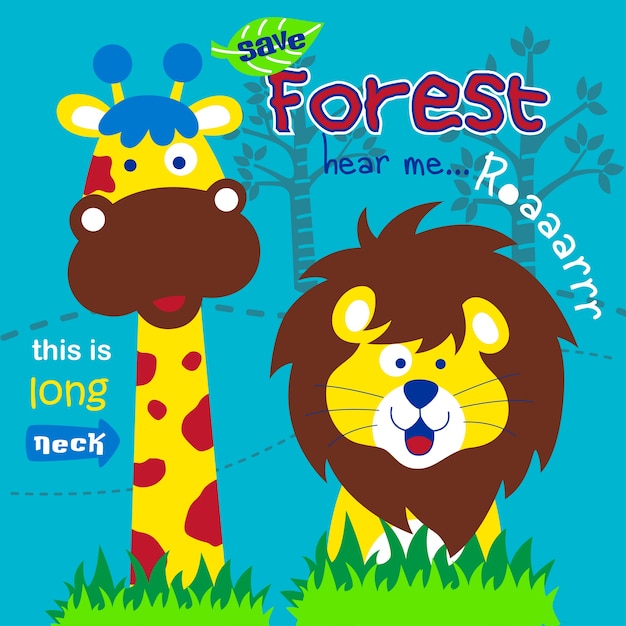 dessin animé mignon lion et girafe