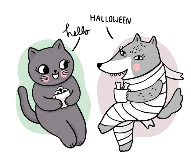 Dessin Animé Mignon Main Dessiner Sorcière Chat Noir Et Citrouille Et Squelette Tête Vecteur De Jour D'halloween