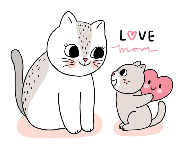 Dessin animé mignon maman et bébé chats et vecteur de grand coeur