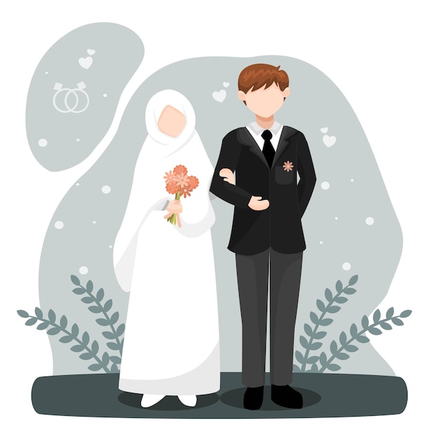 Dessin animé mignon mariée et le marié musulman pour carte de mariage