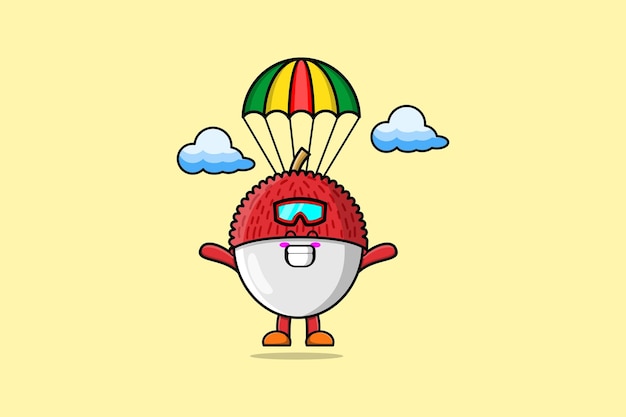 Dessin Animé Mignon De Mascotte Lychee Fait Du Parachutisme Avec Parachute Et Illustration De Geste Heureux