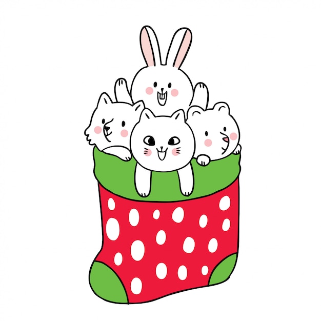 Dessin Animé Mignon De Noël, Animaux En Chaussettes.