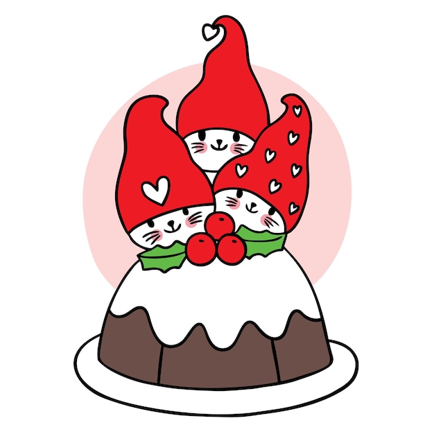 Dessin Animé Mignon Noël Et Bonne Année Chat Et Chapeau De Gnome Et Vecteur De Gâteau De Noël