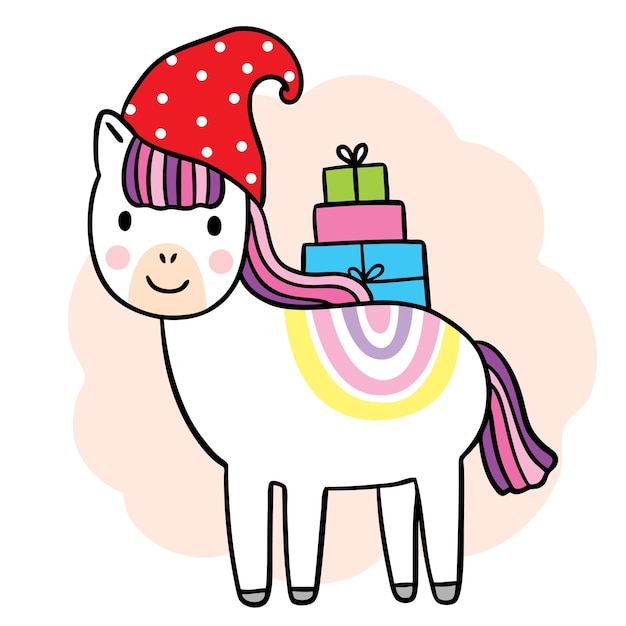 Dessin Animé Mignon Noël Et Bonne Année Licorne Et Présente Le Vecteur