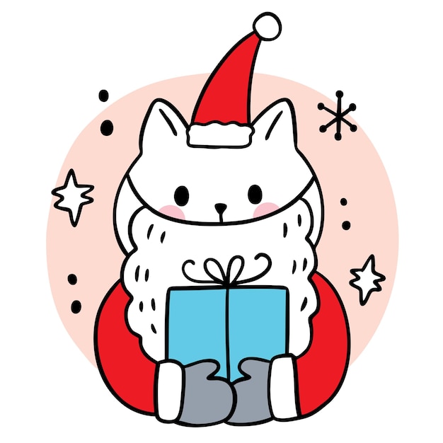 Vecteur dessin animé mignon noël et bonne année santa cat et présente le vecteur