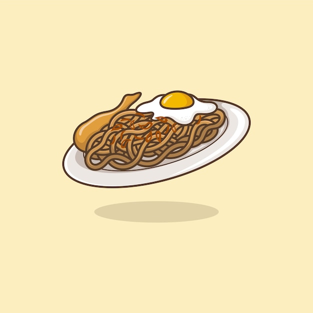 Dessin Animé Mignon Nouilles Frites Avec Des Oeufs Et Des Cuisses De Poulet