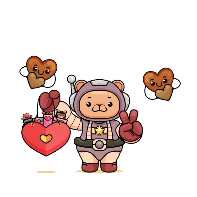 Dessin Animé Mignon Ours En Costume D'astronaute En Kawaii Tenant Un Sac à Provisions Coeur Et Montrer Le Signe De La Paix