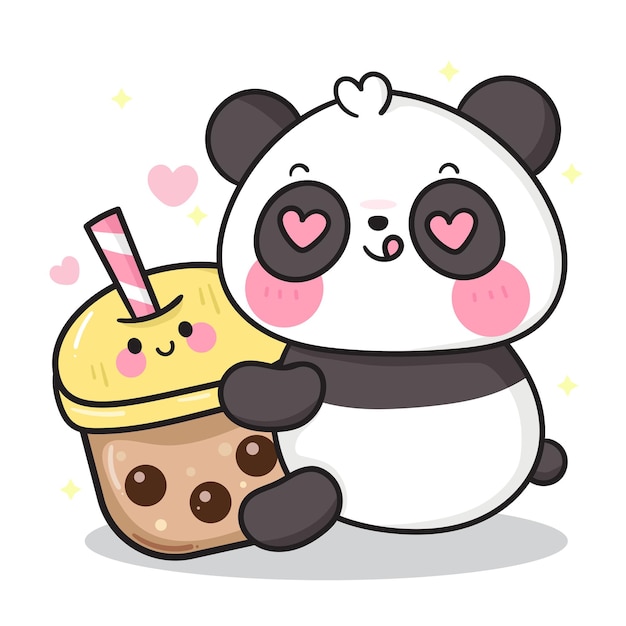 Dessin Animé Mignon Ours Panda, Boire Du Café