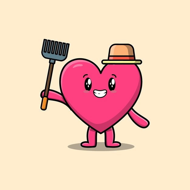 Dessin Animé Mignon Ouvrier Agricole Beau Coeur Avec Fourche