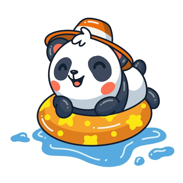 Dessin Animé Mignon De Panda Nageant Sur L'anneau De Piscine Gonflable