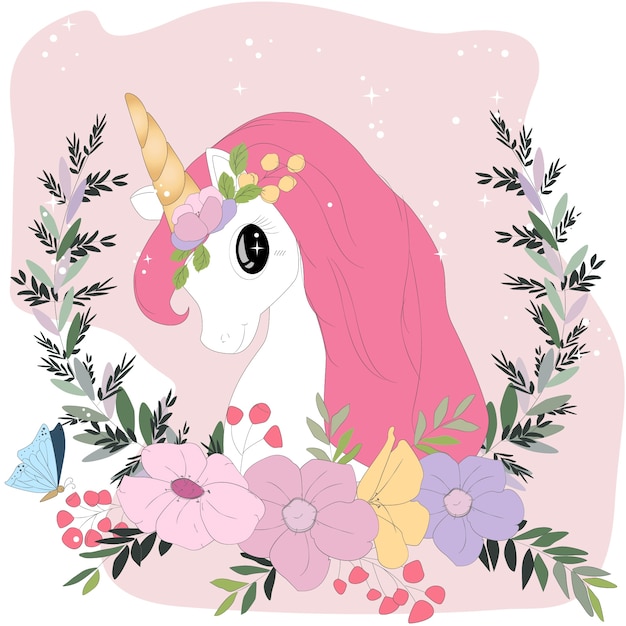 Dessin Animé Mignon Pastel Licorne En Fleur Colorée Pastel