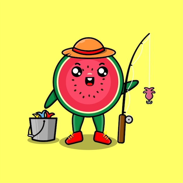 Vecteur dessin animé mignon pastèque prêt à pêcher portant un personnage de dessin animé de matériel de pêche