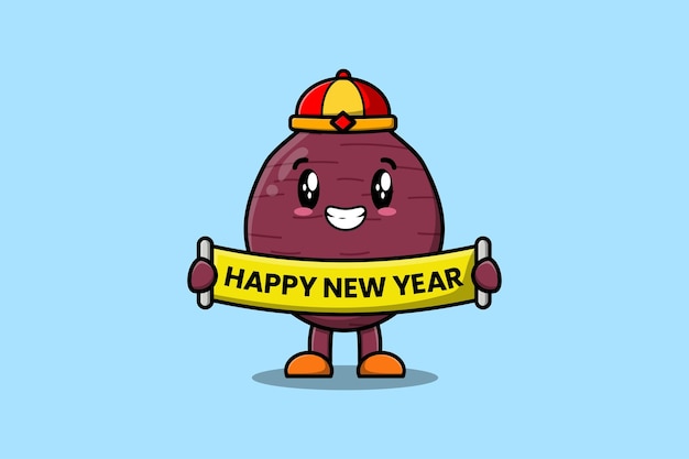 Dessin animé mignon personnage chinois de patate douce tenant illustration de carte de bonne année