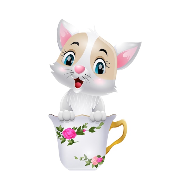 Dessin Animé Mignon Petit Chat Assis Dans La Tasse