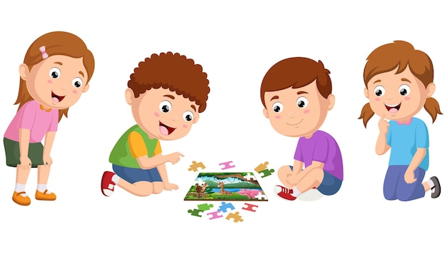 Vecteur dessin animé mignon petit enfant jouant au puzzle