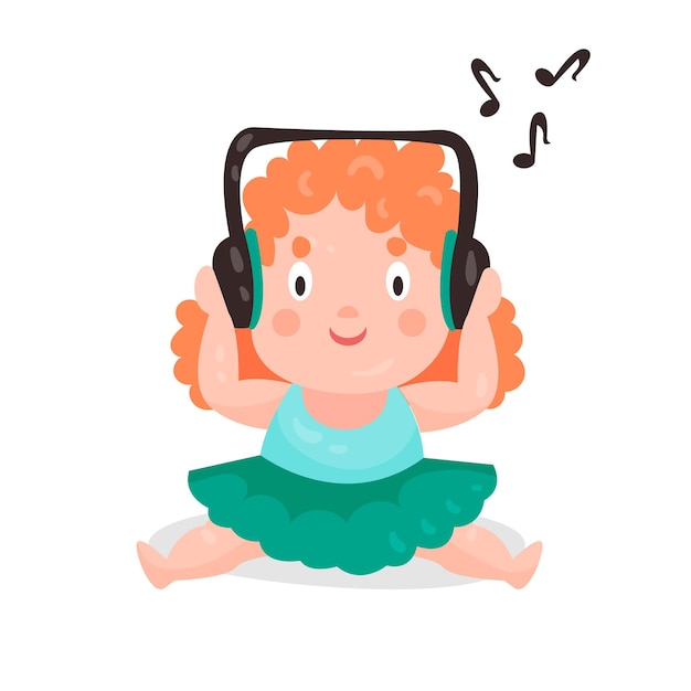 Vecteur dessin animé mignon petite fille assise et écouter de la musique avec le vecteur de personnage haut en couleur casque illustration isolée sur fond blanc