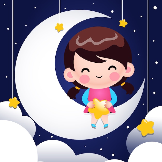Vecteur dessin animé mignon petite fille assise sur la lune et tenant des étoiles sur ses genoux