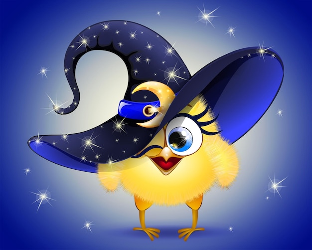 Dessin animé mignon petite fille poussin jaune au chapeau de sorcière magique brillant avec ceinture de lune jaune