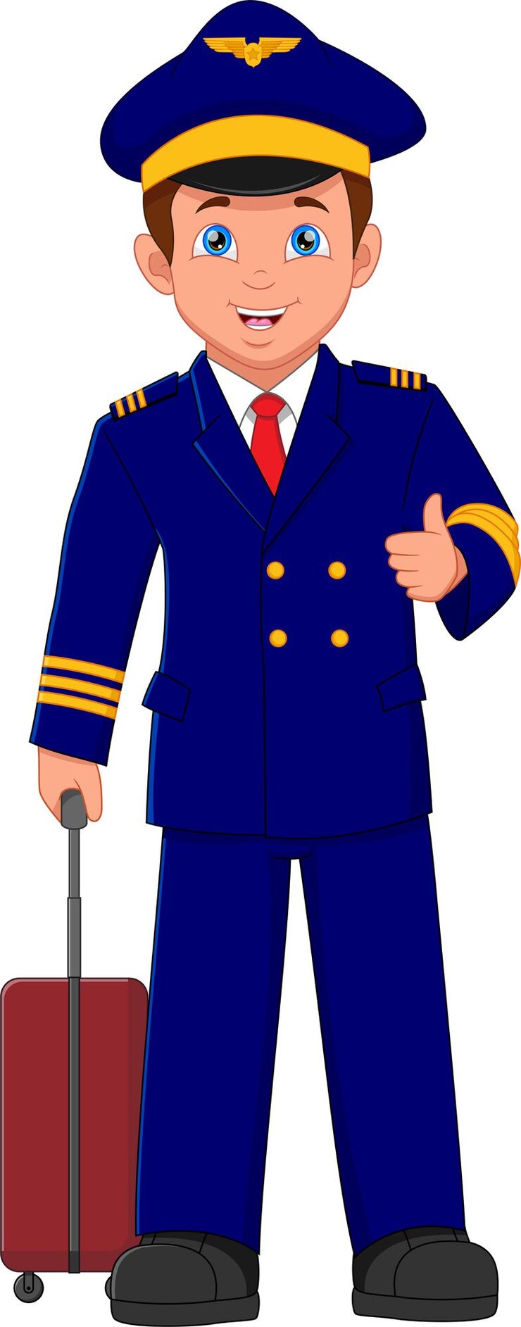 Vecteur dessin animé mignon pilote pouces vers le haut et tenant la valise