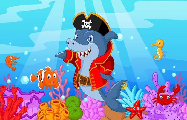 Dessin Animé Mignon De Pirate De Requin Avec Des Poissons De Collection