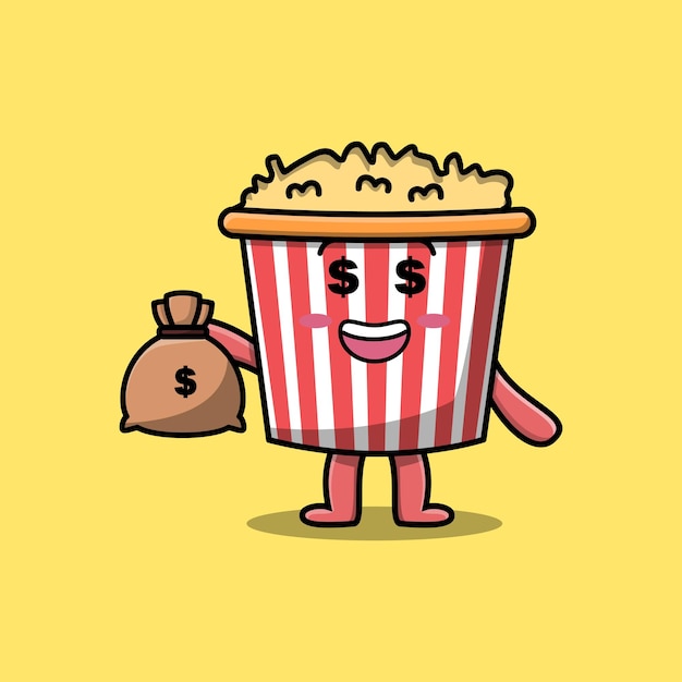 Dessin Animé Mignon Pop-corn Fou Riche Avec Sac D'argent En Forme De Drôle Dans L'illustration De Conception Moderne