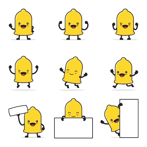 Dessin Animé Mignon De Préservatif Jaune Avec Des Expressions Faciales Heureuses Et Des Poses Différentes