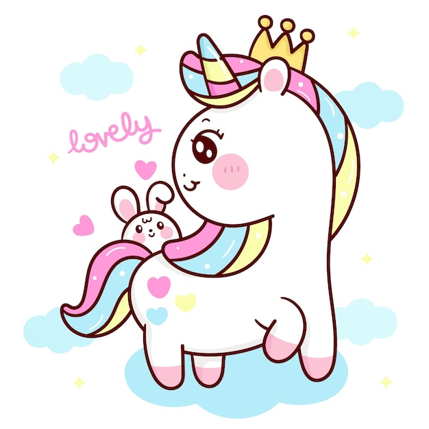 Vecteur dessin animé mignon princesse licorne avec lapin kawaii animal